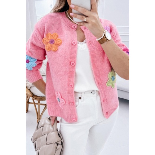 Pink Cute Knitted Floral Pattern Button Up Cardigan - M - Main Image