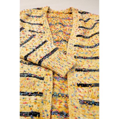 Beige Striped Pom Pom Knit Open Front Long Cardigan - XL - Main Image