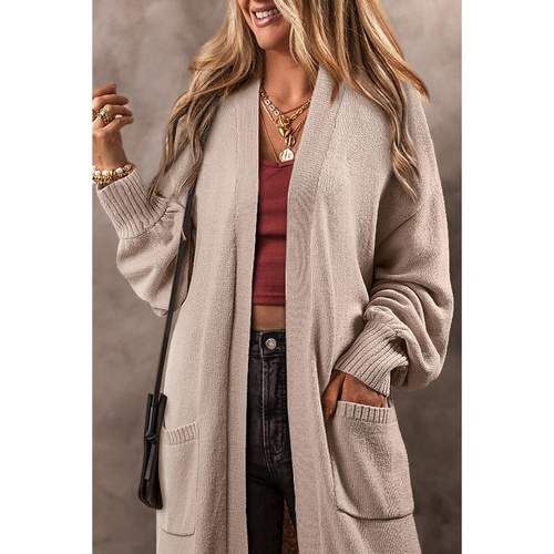 Beige Side Pockets Open Front Long Knitted Cardigan - L - Main Image