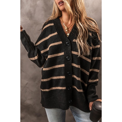 Black Stripe Buttoned V Neck Drop Shoulder Loose Cardigan - 2XL - Main Image
