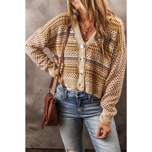 Khaki Buttoned V Neck Cropped Cardigan - 2XL - Main Image