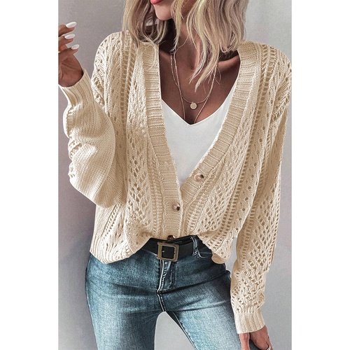 Beige Open Knit Drop Shoulder Sweater Cardigan - S - Main Image