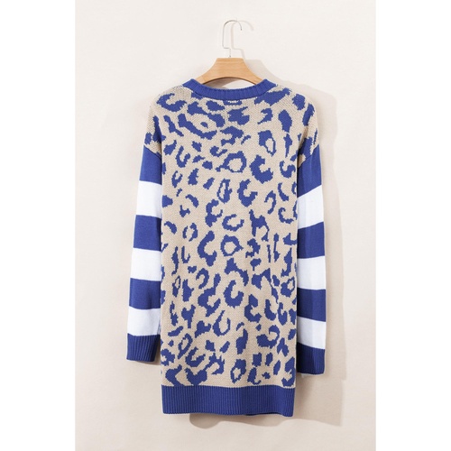 Dark Blue Stripe Sleeve Leopard Print Open Front Cardigan With Pockets - M - Main Image