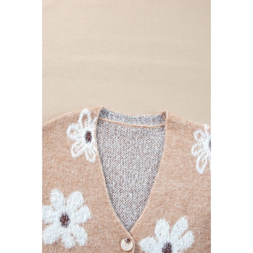 Smoke Gray Floral Print V Neck Knitted Button up Cardigan - L - Main Image