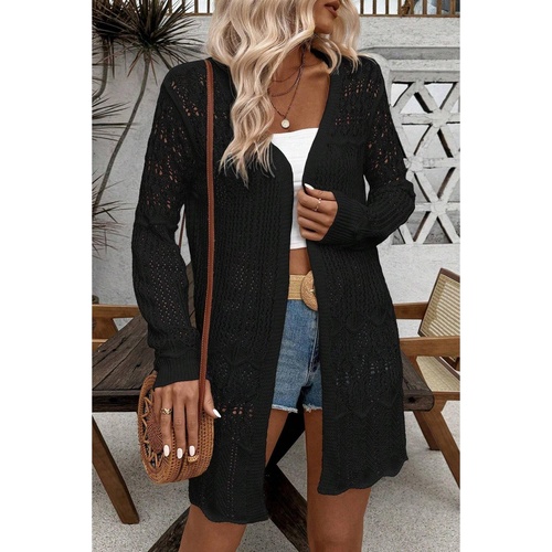 Black Crochet Hollow Out Open Front Cardigan - L - Main Image