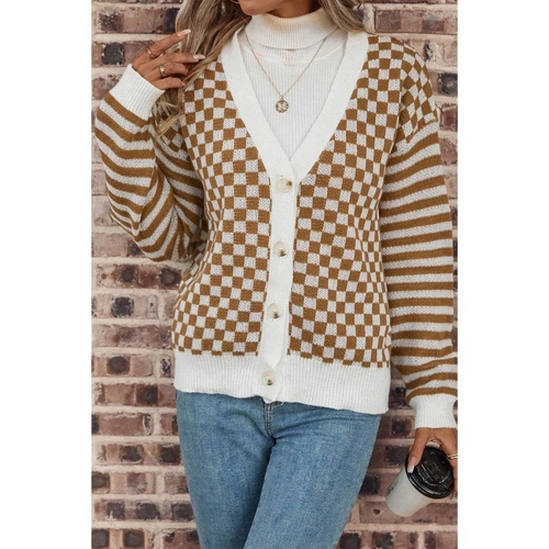 Brown Checkered Striped Patched Buttoned V Neck Cardigan - L - Main Image