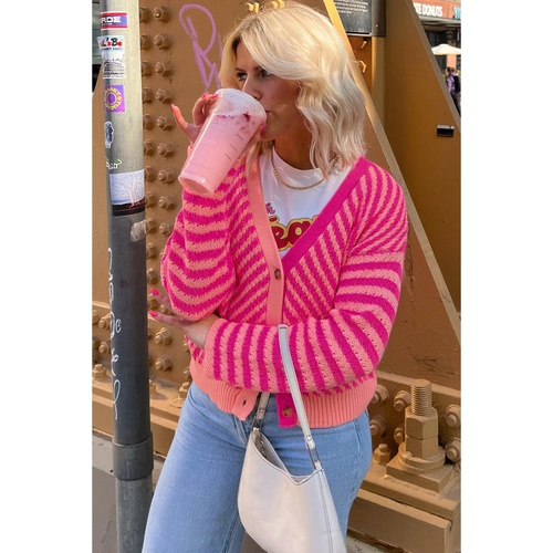 Pink Striped Buttoned V Neck Drop Shoulder Cardigan - L - Main Image