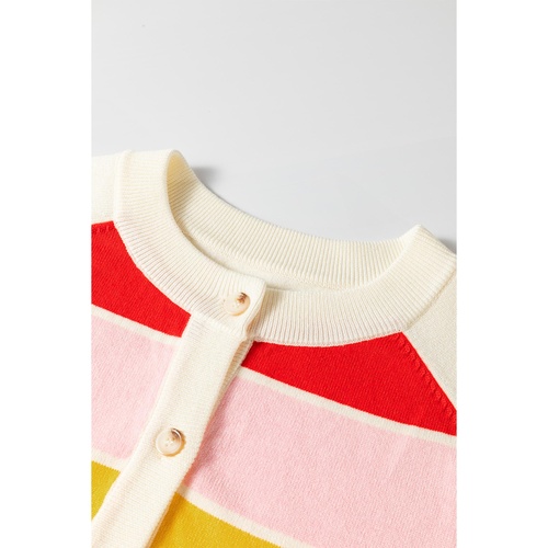 White Stripe Colorful Pattern Button Front Sweater Cardigan - L - Main Image