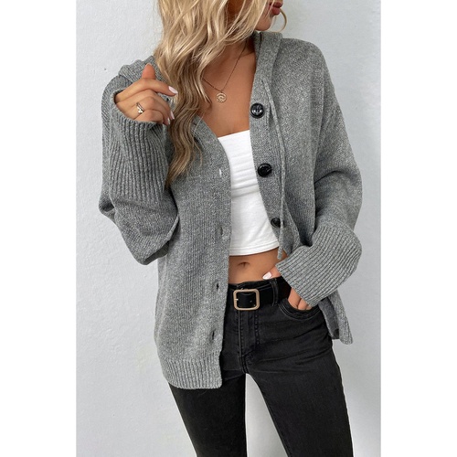 Medium Grey Drawstring Hooded Button Up Drop Shoulder Sweater Cardigan - S - Main Image