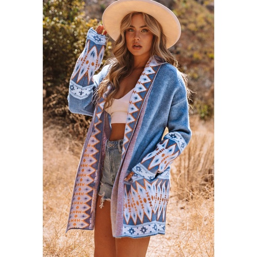 Azura Exchange Blue Aztec Print Open Front Knitted Cardigan - L - Main Image
