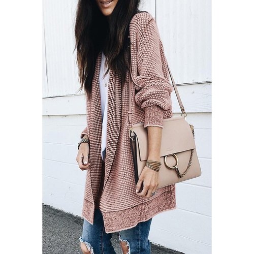 Pink Plaid Knitted Long Open Front Cardigan - L - Main Image