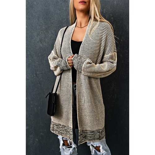 Apricot Plaid Knitted Long Open Front Cardigan - XL - Main Image