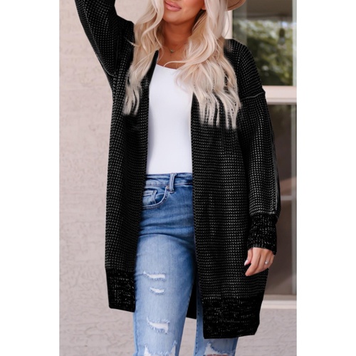 Black Plaid Knitted Long Open Front Cardigan - M - Main Image