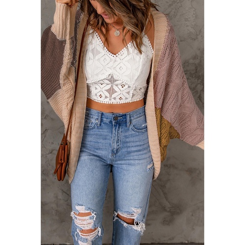 Brown Color Block Loose Open Front Knitted Cardigan - L - Main Image