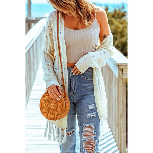 Beige Tasseled Hollow-out Cable Knit Cardigan - One Size - Main Image