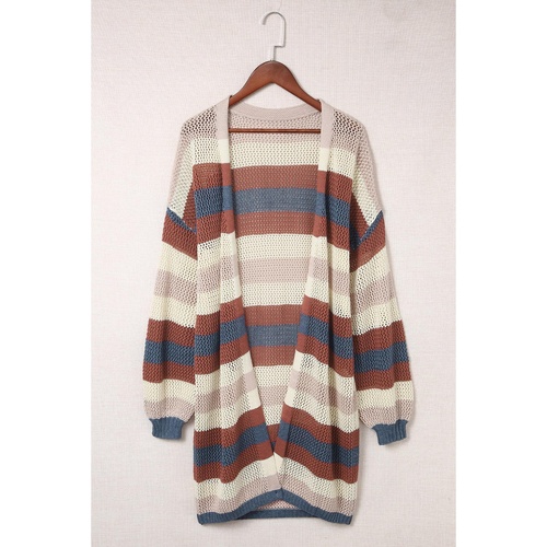 Blue Striped Color Block Hollowed Knit Cardigan - L - Main Image