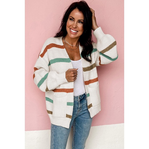 Azura Exchange Beige Drop Shoulder Pocketed Stripe Sweater Cardigan - XL - Main Image