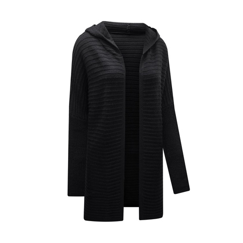Black Horizontal Rib Knitted Open Front Hooded Cardigan - M - Main Image