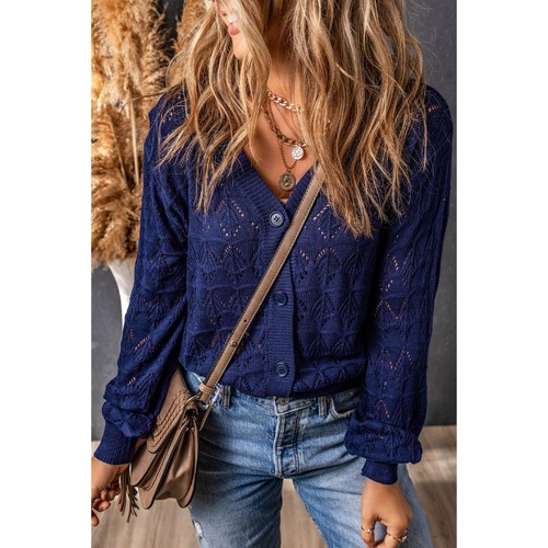 Blue Lightweight Buttoned Front Crochet Cardigan - L - Main Image