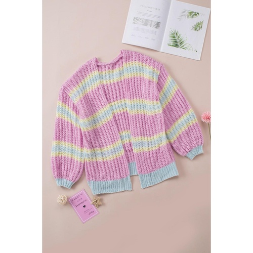 Pink Contrast Striped Open Front Cable Cardigan - L - Main Image