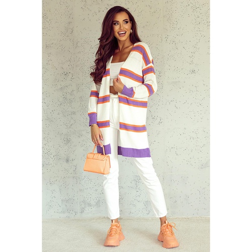 Azura Exchange Beige Striped Long Sleeve Ribbed Trim Button Cardigan - M - Main Image