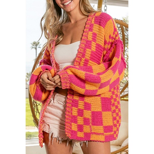 Azura Exchange Multicolor Open Front Mixed Checkered Pattern Knit Cardigan - L - Main Image