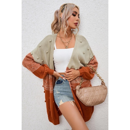 Azura Exchange Brown Pompom Color Block Open Front Cardigan - M - Main Image