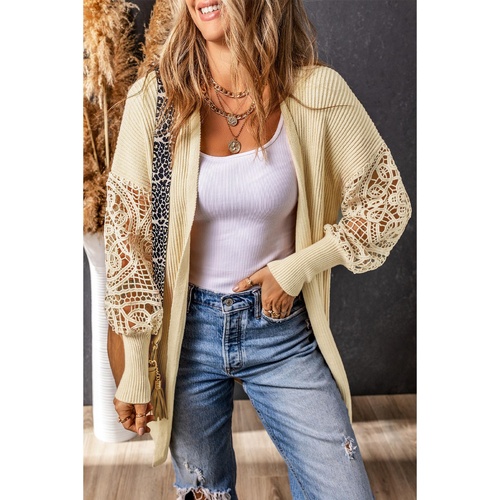 Apricot Crochet Lace Sleeve Ribbed Knit Cardigan - S - Main Image