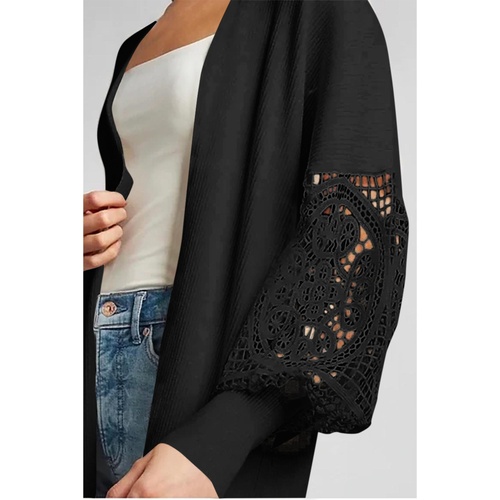 Black Crochet Lace Sleeve Ribbed Knit Cardigan - M - Main Image