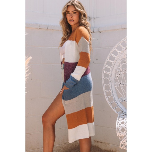 Azura Exchange Multicolor Colorblock Open Front Long Knit Cardigan - M - Main Image