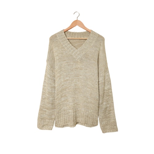 Gray V neck Drop Shoulder Knitted Sweater - S - Main Image