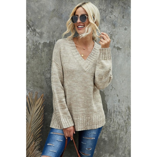 Khaki V neck Drop Shoulder Knitted Sweater - M - Main Image