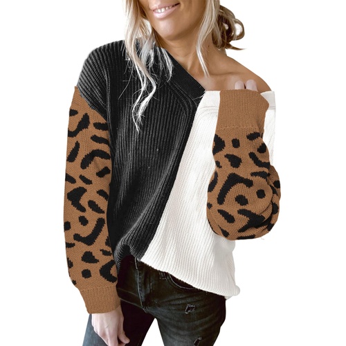 Azura Exchange Leopard Print Contrast Color V Neck Sweater - L - Main Image