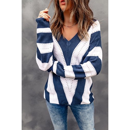 Blue Striped Colorblock V Neck Knitted Sweater - S - Main Image