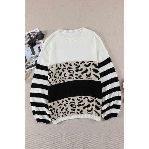 Slouchy Drop-shoulder Leopard Striped Colorblock Sweater - S - Main Image