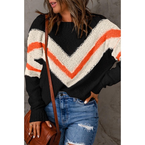Black Chevron Striped Drop Shoulder Sweater - M - Main Image
