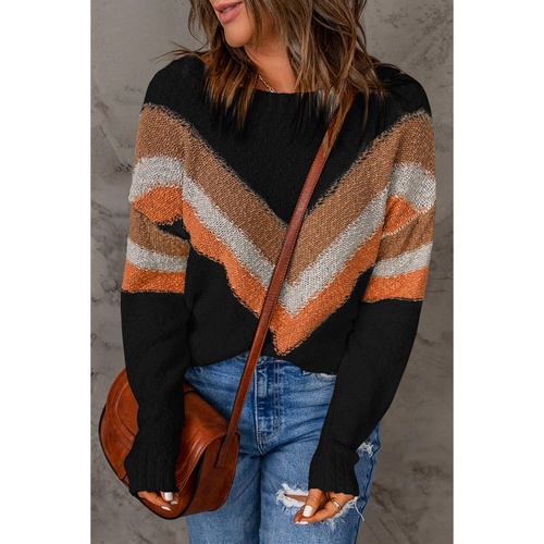 Multicolor Chevron Striped Drop Shoulder Sweater - M - Main Image