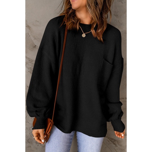 Black Solid Color Puffy Sleeve Pocketed Sweater - S - Main Image
