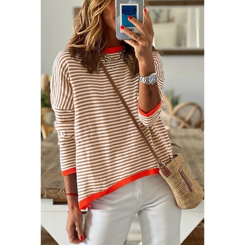 Brown Contrast Trimmed Striped Drop Shoulder Sweater - S - Main Image