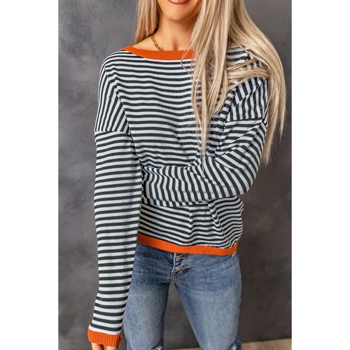 Contrast Trimmed Striped Drop Shoulder Sweater - M - Main Image