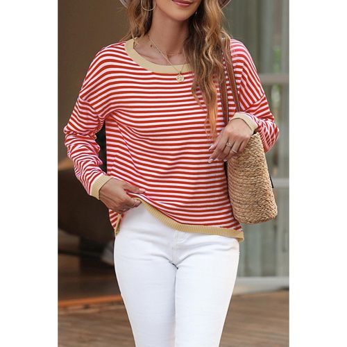 Fiery Red Contrast Trimmed Striped Drop Shoulder Sweater - 2XL - Main Image