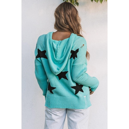 Green V Neck Star Pattern Hooded Sweater with Slits - L - Main Image
