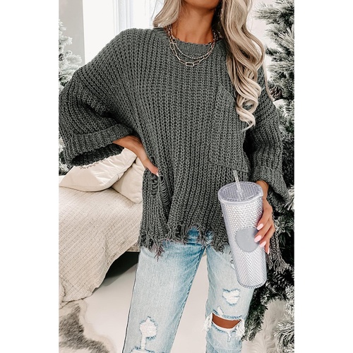 Gray Ripped Raw Hem Chunky Pullover Sweater - XL - Main Image