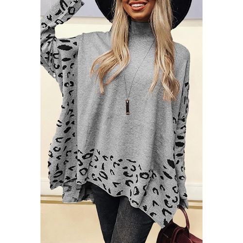 Gray Leopard High Neck Side Slit Oversized Sweater - M - Main Image