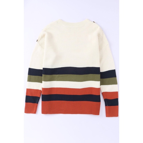 White Buttoned Shoulder Drop Shoulder Striped Sweater - M - Main Image