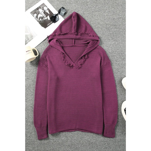 V Neck Ribbed Drop Shoulder Hooded Sweater - XL - Main Image
