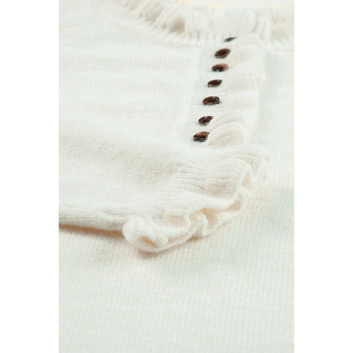 Beige Frill Trim Buttoned Knit Pullover Sweater - L - Main Image