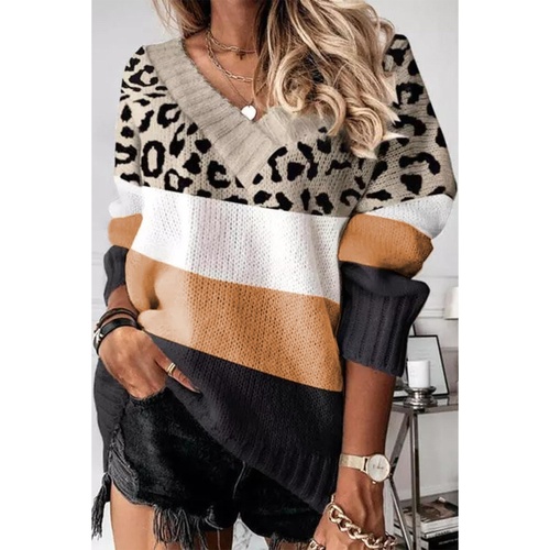 Khaki Leopard Color Block Long Sleeve Sweater - XL - Main Image