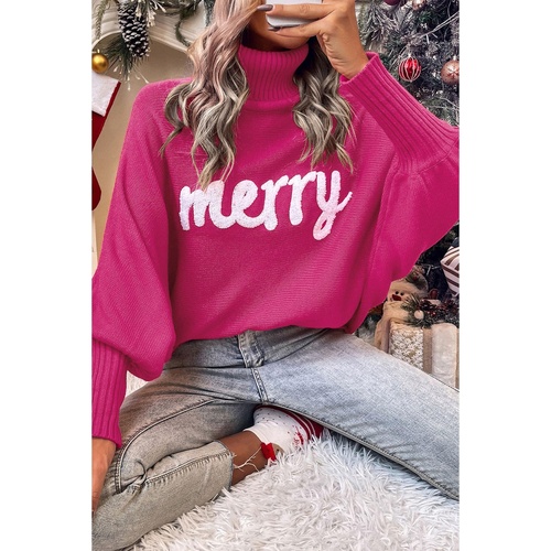 Azura Exchange Rose Merry Letter Embroidered High Neck Sweater - L - Main Image