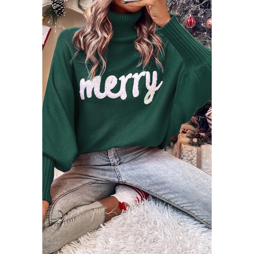 Blackish Green Merry Letter Embroidered High Neck Sweater - S - Main Image